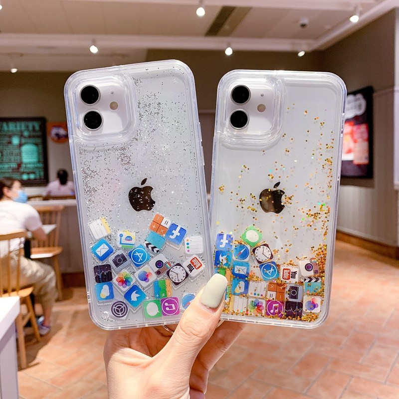创意趣味xr闪粉流沙7plus苹果app图标14pro适用苹果12手机壳11透明iPhone13promax液体流动14硅胶x防摔保护套