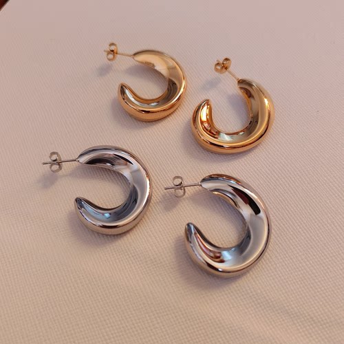 极简钛钢C圈空心保色耳环