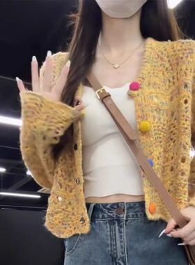 【送内搭】镂空黄色小香风短款毛衣外套开衫女早秋季外搭针织上衣