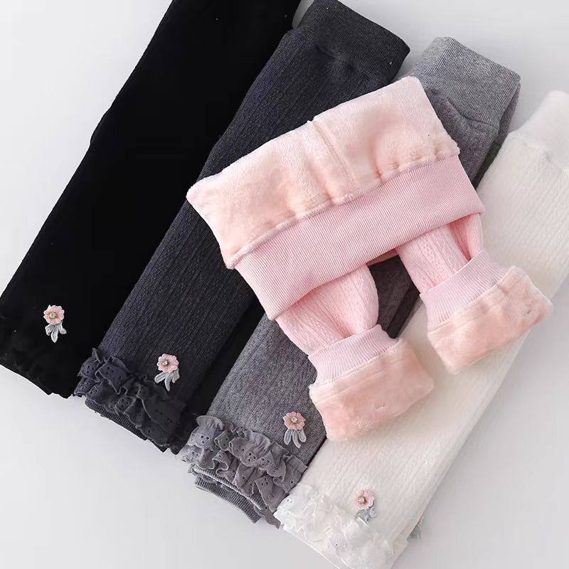 女童打底裤秋冬款加绒加厚儿童九分连裤袜冬季外穿宝宝白色打底袜