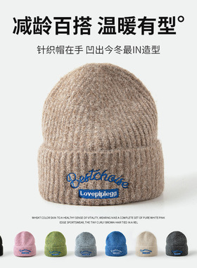 莫兰迪色高级感减龄潮牌针织帽子毛线帽刺绣保暖冷帽护耳beanies