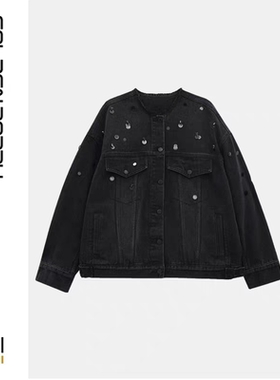 GOLDEN BARRY|金和百瑞26早春120111剪领亮片镶钻黑色牛仔外套女