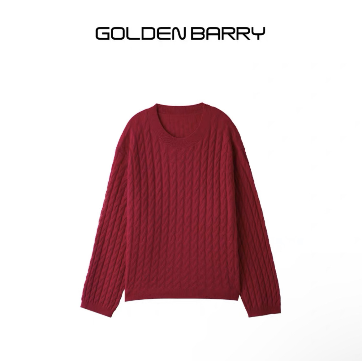 GOLDEN BARRY｜243099金和百瑞2024年冬季温柔酒红色绞花羊绒毛衣