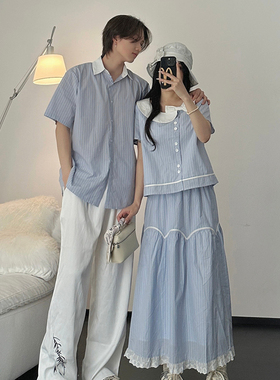 法式情侣装夏季小众设计感蓝色条纹衬衫半身裙套装高级感一衣一裙