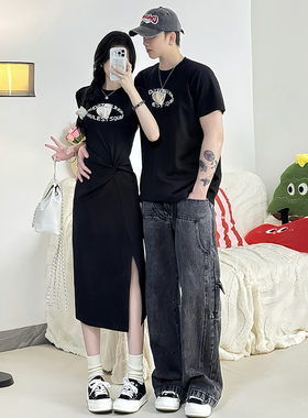 情侣装2025夏季爱心短袖T恤连衣裙气质高级感黑色长裙子一衣一裙