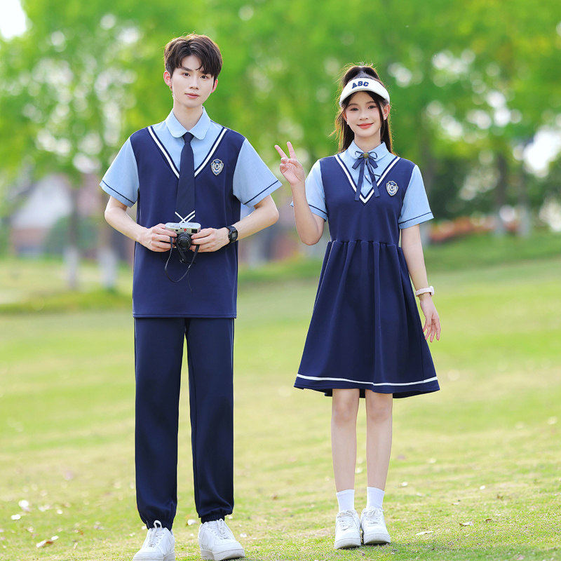 小学生学院风毕业套装班服夏季初高中生蓝色假两件英伦风校服套装