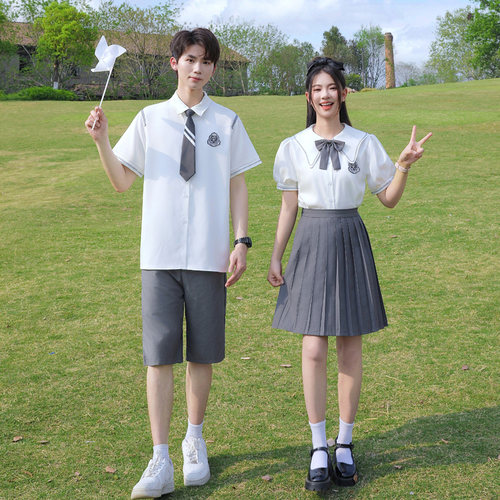 夏季学院风班服JK衬衫短袖套装小学生初中高中生校服毕业照演出服