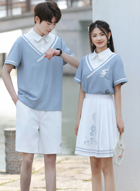 初中生班服夏季套装学院风复古刺绣短袖t恤小学生毕业高中运动会