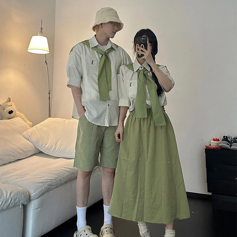 2025新款夏季小个子学院风假两件刺绣衬衫裙子套装初高中学生班服