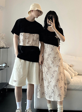2025新款夏中式黑色拼接蕾丝蝴蝶印花连衣裙国风长裙一衣一裙套装