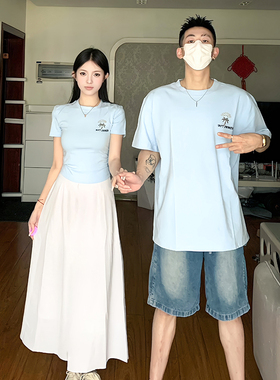 情侣装夏季小众设计高级感韩版短袖T恤半身裙两件套法式一裙一衣