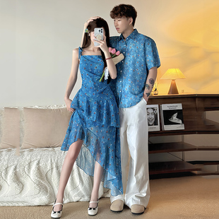 衬衫 情侣装 碎花复古吊带裙男短袖 2025新款 美拉德海边旅游度假 夏季