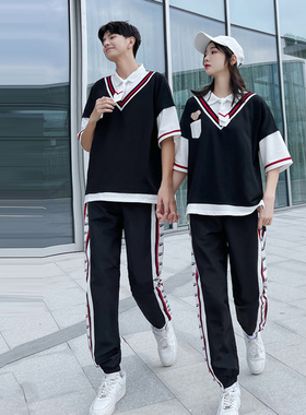 情侣JK学院风拼接短袖T恤男女初中生小学生班服休闲运动套装校服