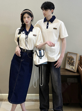 情侣装夏季2025新款学院风短袖T恤男一裙一衣小香风连衣裙牛仔潮