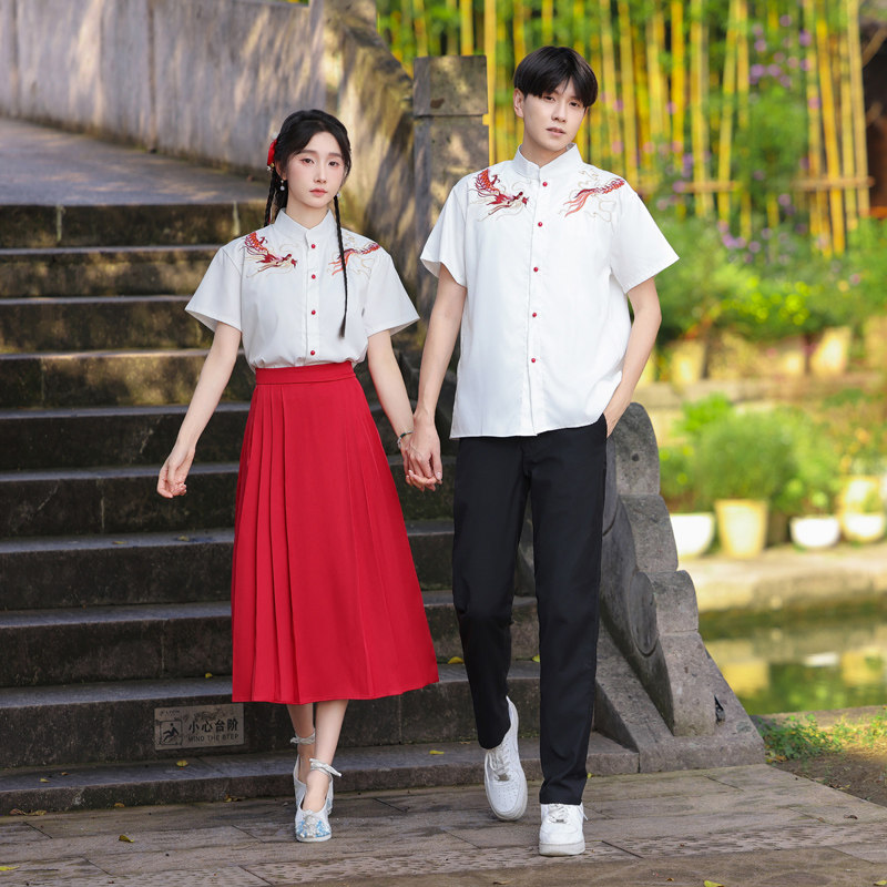 新中式民国风刺绣衬衫男女情侣装学院风中学生合唱演出服毕业班服