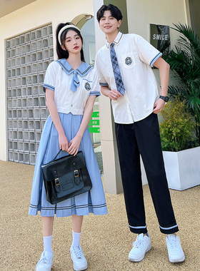情侣夏季新款短袖衬衫polo领连衣裙学生JK制服套装学院风毕业班服