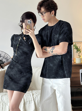 新中式情侣装夏季小众设计感短袖t恤国风复古旗袍连衣裙一裙一衣