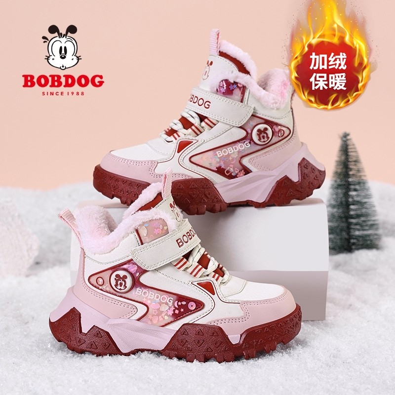 巴布豆女童鞋大棉鞋2025冬季新款加绒加厚保暖皮面防水儿童运动鞋