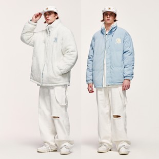 INF潮牌日系小清新灯芯绒加绒双面穿刺绣男女宽松情侣保暖外套