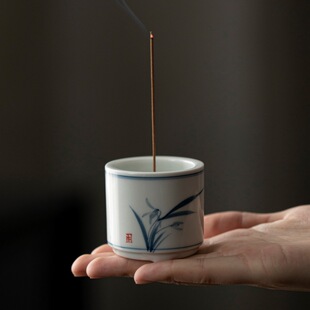 纯手绘青花线香香插小香炉底座仿古陶瓷家用室内茶道香道茶艺配件