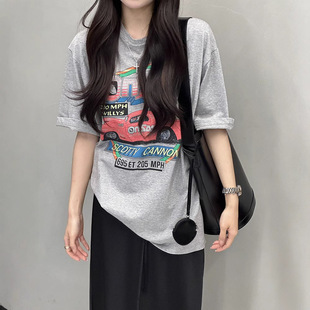 现货 汽车印花纯棉短袖 T恤夏季 女宽松休闲韩系设计感上衣outf