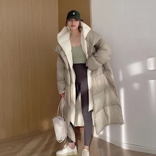 新款冬季加厚2025羽绒服女中长款时尚过膝鸭绒连帽两件外套乳白色