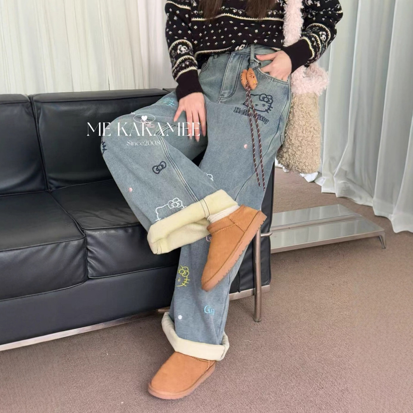 ME KAKAMEE十三行冬款复古刺绣卡通KT加绒牛仔裤子(配公仔) 加厚