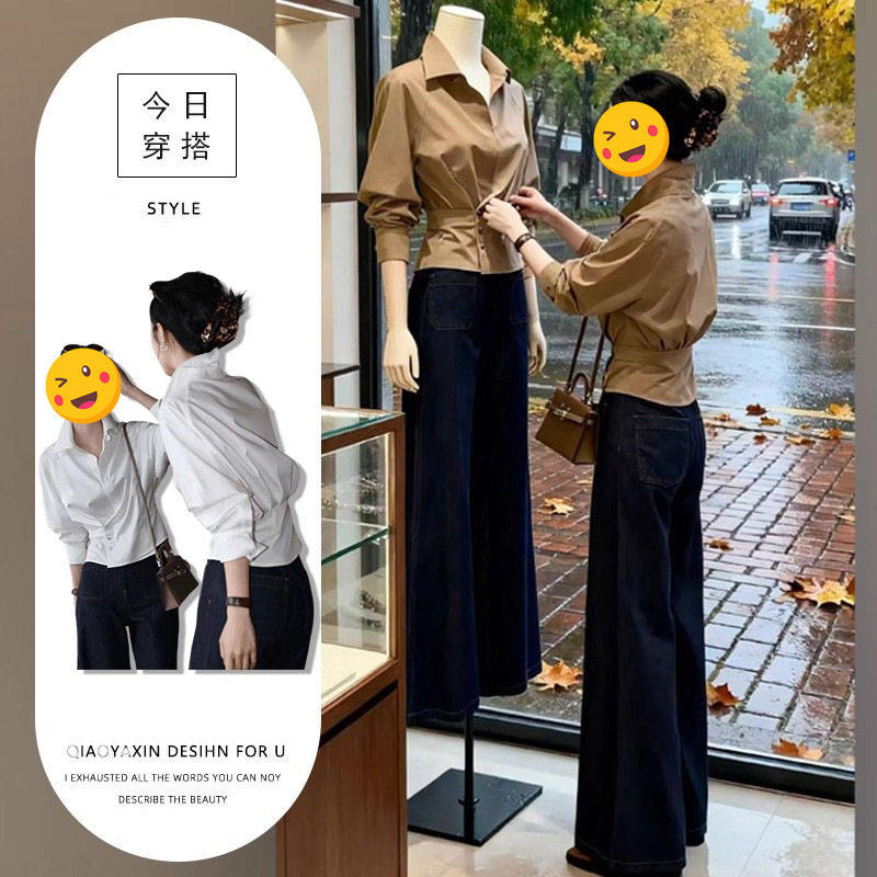 新款 单件/美式显气质2025年设计感别致小众polo领衬衫高腰牛仔裤