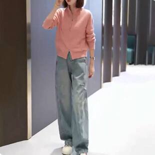 新款秋冬时尚立领简约外套休闲直筒牛仔裤女时尚套装套头常规中等