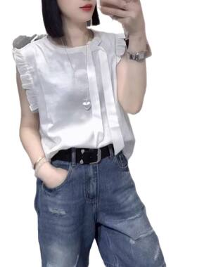 25713新大爱美依缘夏季韩版减龄无袖衬衫高腰牛仔短裤潮时尚套装
