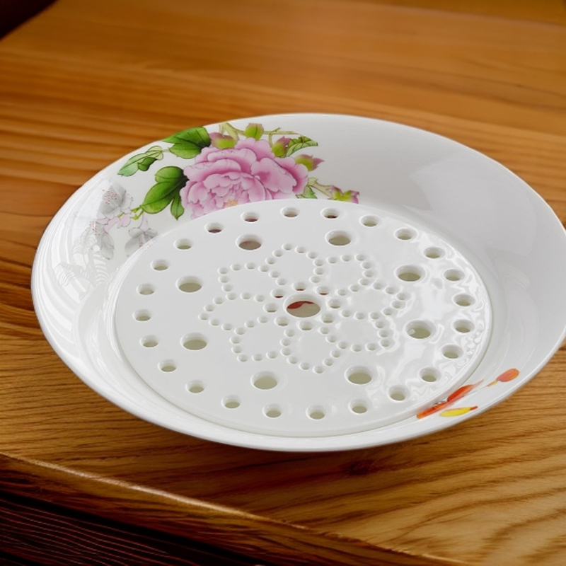 骨瓷水饺盘陶瓷创意沥水饺子盘10英寸饺子双层盘深盘菜盘圆形托盘