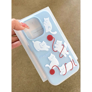 可爱毛线猫咪适用Phone16promax苹果14pro不会撞壳蓝色手机壳15新款二合一双层印花13肤感磨砂12小众高级感11