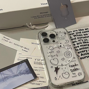 氛围感混乱线条涂鸦适用于苹果15透明磁吸Magsafe全包边精孔硬壳11 xr防摔7p高透13p 12promax高级xs