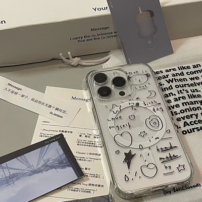 氛围感混乱线条涂鸦适用于苹果15透明磁吸Magsafe全包边精孔硬壳11/12promax高级xs/xr防摔7p高透13p