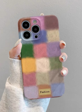 针织感彩虹方块适用于苹果安卓亮面硬壳手机壳iPhone14/15新款13高级感11pro菲林12可爱8plus创意7/xs小众xr