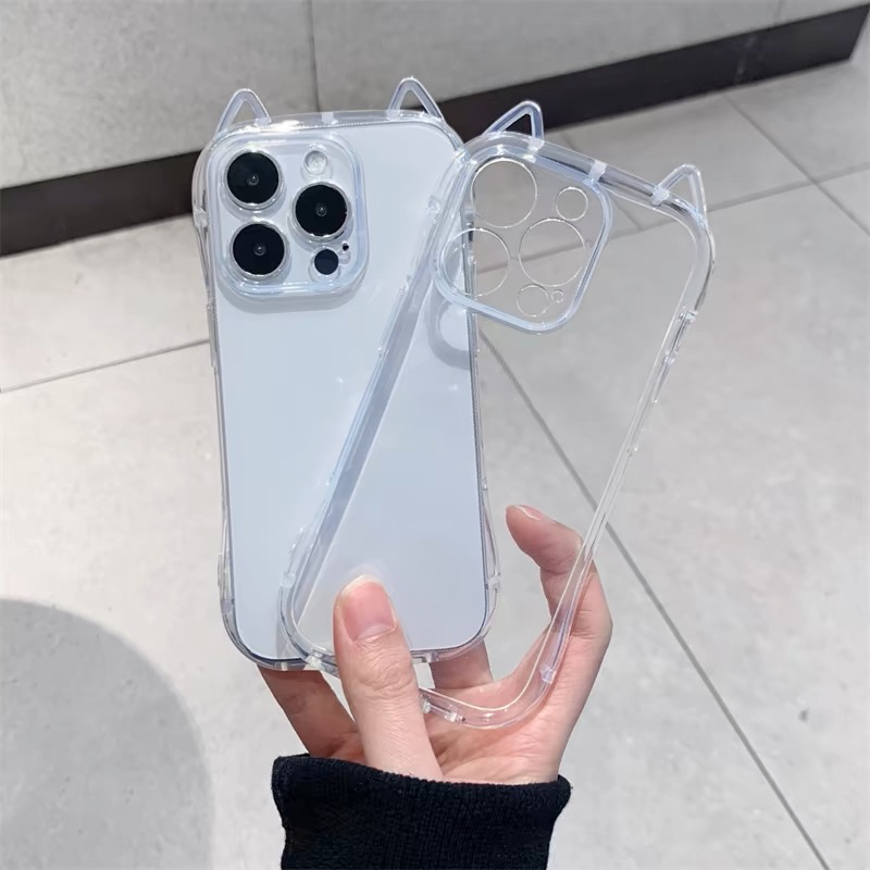 小众ins简约透明猫耳朵可挂件适用于苹果16promax手机壳iPhone15/14全包精孔13pro耐脏12/11情侣可爱xs硅胶壳
