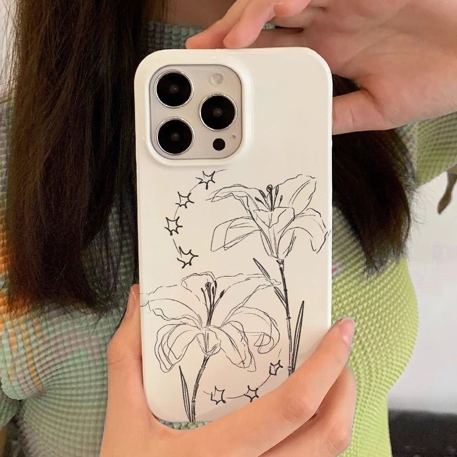 简约线条素描花朵纯色半包手机保护壳适用于苹果15硬硅胶软壳手机壳11/12promax高级xs/xr防摔7p创意