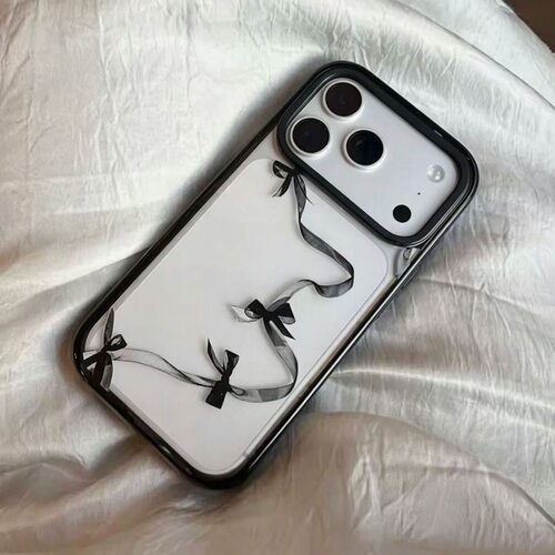 简约蝴蝶结丝带黑色边框亚克力适用于苹果16/15promax手机壳iPhone11个性潮流XR软78p搞怪12简约13