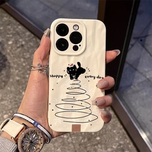 xr防摔7p 12promax高级xs 黑色线条小猫圣诞树冬日适用于苹果15promax软14p搞怪手机壳磨砂褶皱个性