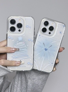蓝色线条爱心烟花圣诞树冬日适用于苹果15promax软14p搞怪手机壳透明个性 11/12promax高级xs/xr防摔7p