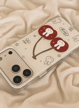 可爱米菲樱桃创意线条涂鸦适用于苹果16pro大孔17新款白色imd13光面白底12小众高级感11