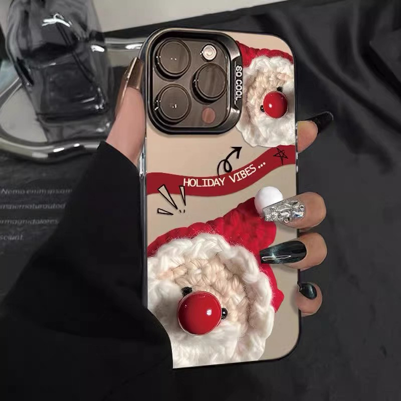 可爱红鼻子毛线圣诞老人适用苹果16/15手机壳iPhone14ProMax软边硬背壳防摔新款简约大镜头加高imd彩银