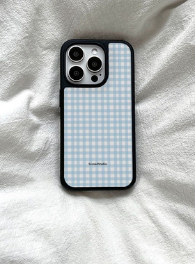 温柔蓝色格子格纹简约适用于苹果16promax手机壳iPhone15软边硬背14大孔13pro耐脏12小众11情侣可爱硅胶