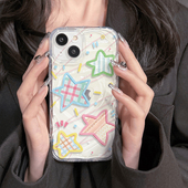 xr防摔7p创意 12promax高级xs 少女风彩虹格子星星奶油波浪气垫透明适苹果16 14手机壳苹果13软壳11