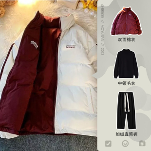 两面穿棉服套装男女ins情侣棉袄加绒加厚设计感宽松运动棉衣外套