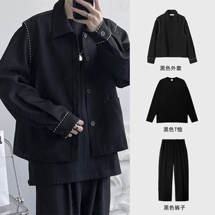 轻奢小众设计感套装男装韩风chic外套休闲痞帅夹克男一套搭配衣服