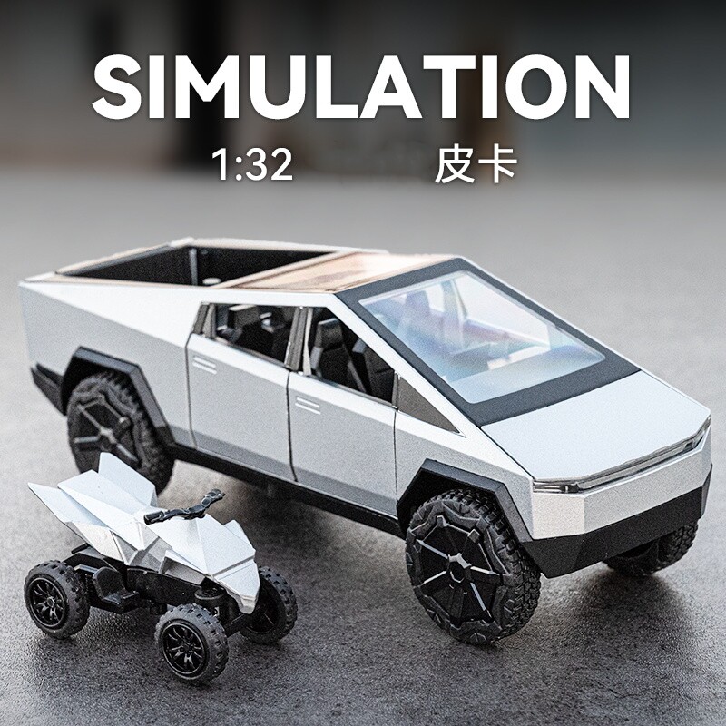 仿真1:32皮卡带小摩托合金车模型避震声光回力开门儿童玩具