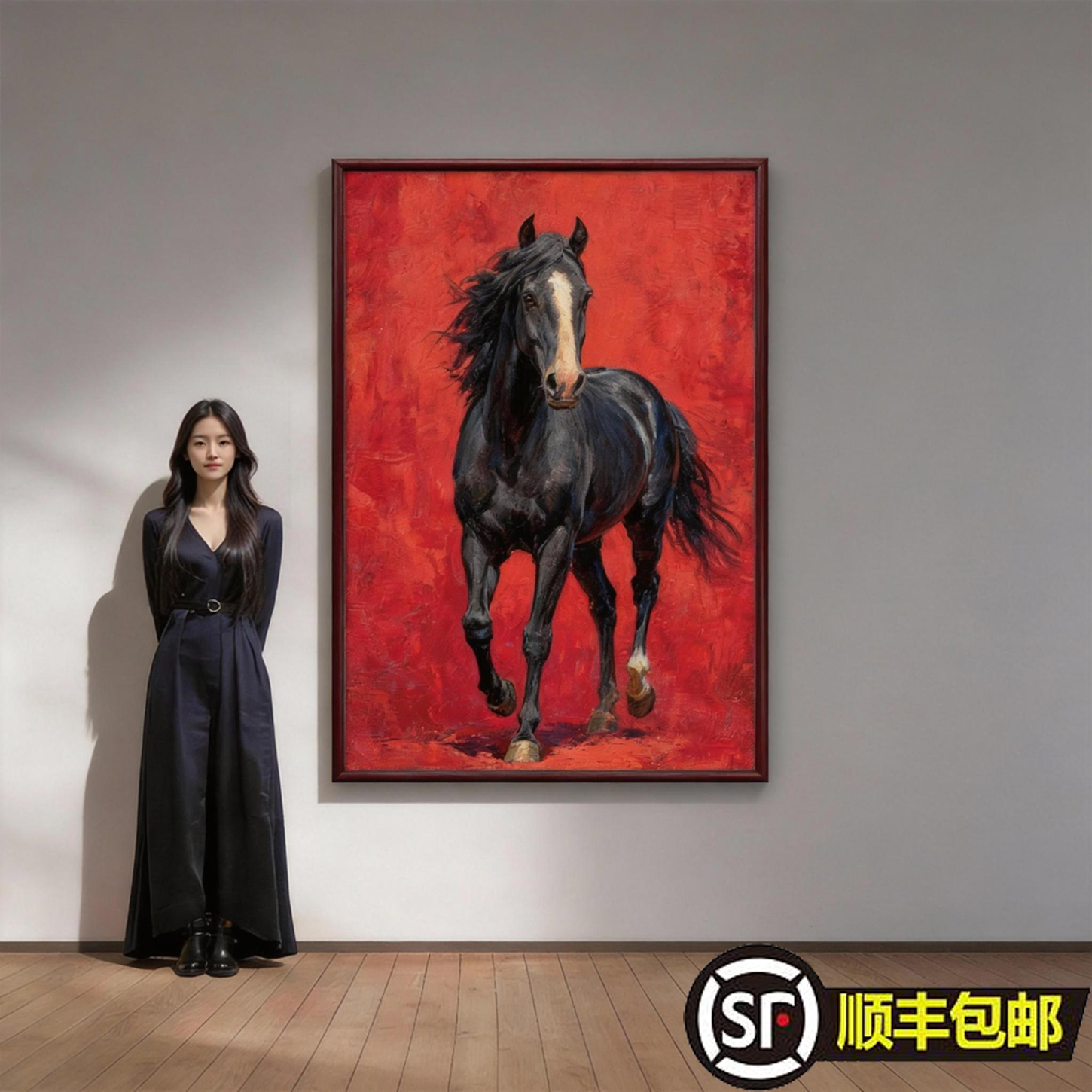 现代简约黑色骏马客厅玄关挂画