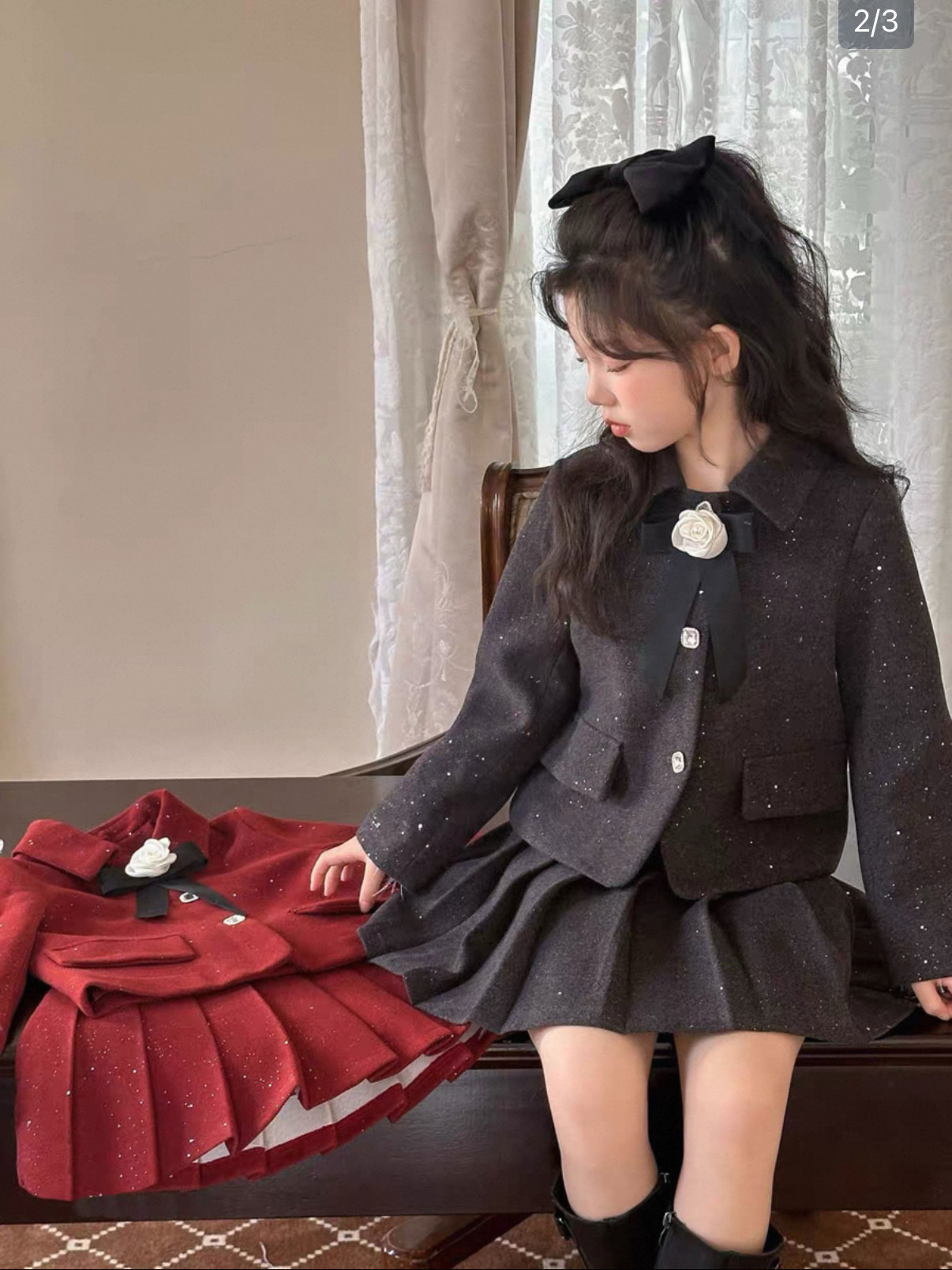 女童年款红裙套装中大童拜年服重工艺亮片小香风外套+百褶裙