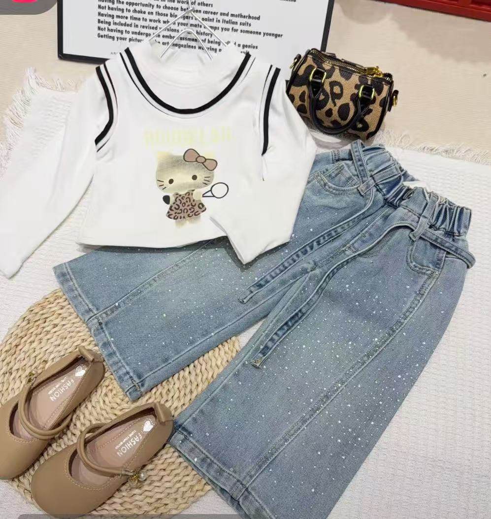 女童闪钻牛仔裤2026春款小童韩版洋气百搭烫钻牛仔直筒裤阔腿裤